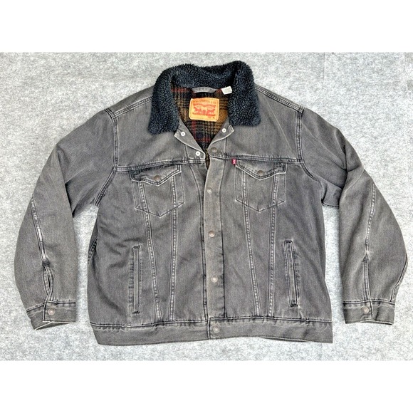 Levi's Sherpa Trucker Jacket Mens XL Washed Black Fleece Lined Button Front